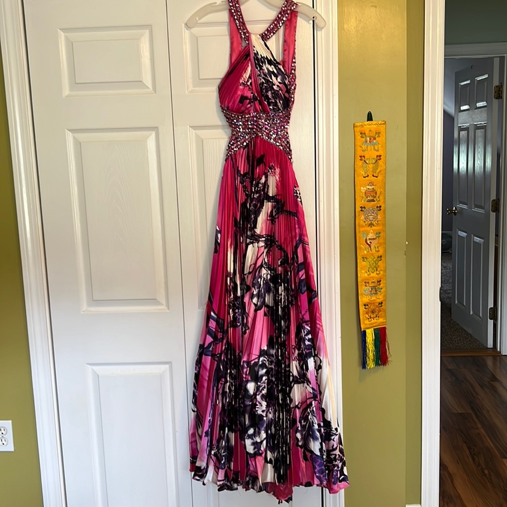 Floor length, - fuchsia purple black white with sequins  - pleated skirt